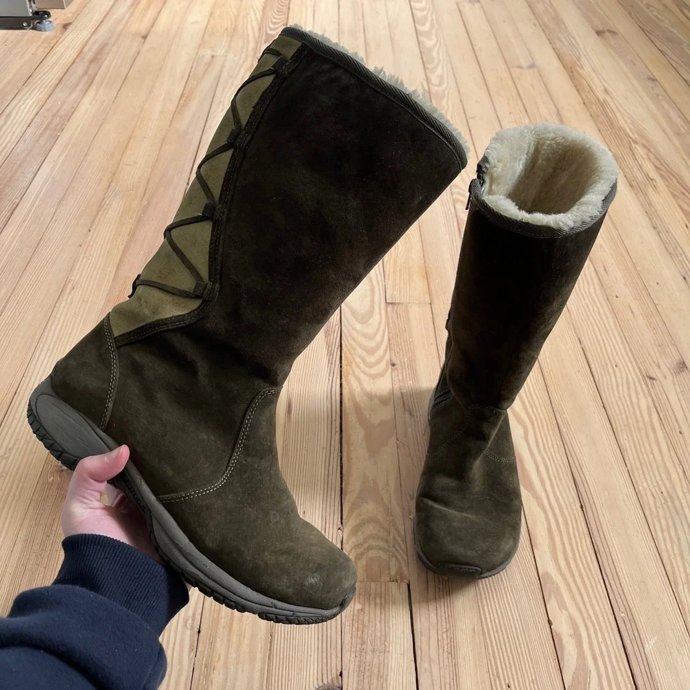 Merrell Encore Back Lace High Fir Suede tall winter Boots olive green Womens 8.5